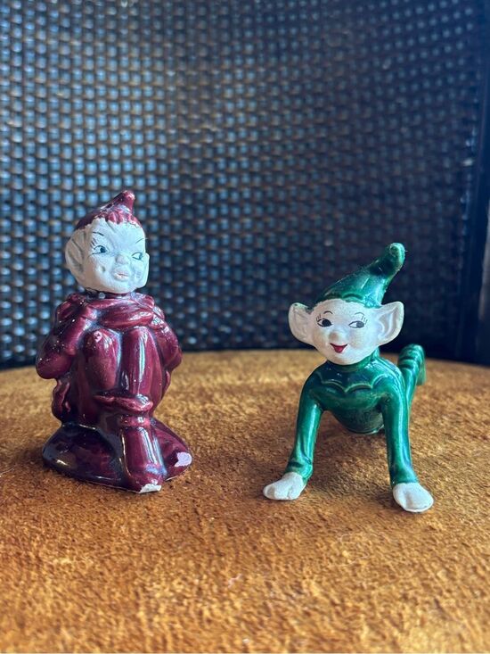 Other - Vintage Ceramic Pixie Elf Figurines Set of 2 Red & Green Christmas Elves MCM